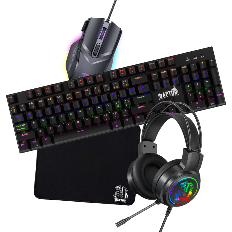 Combo Gamer Raptor Teclado 104 Teclas + Mouse Rgb 7200Dpi + Mouse Pad S + Auricular 3.5
